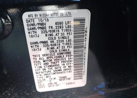 2019 Nissan Rogue Sv z USA, uszkodzony, nr VIN JN8AT2MT8KW251140